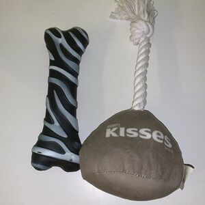 2 squeaky dog toys, Hershey kiss with rope